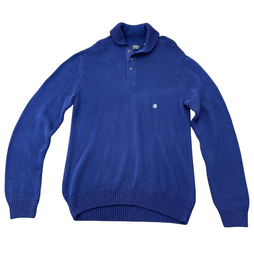 Chaps Mens Royal Blue Shawl Collar Cotton Knit Sweater Elbow Patches Medium